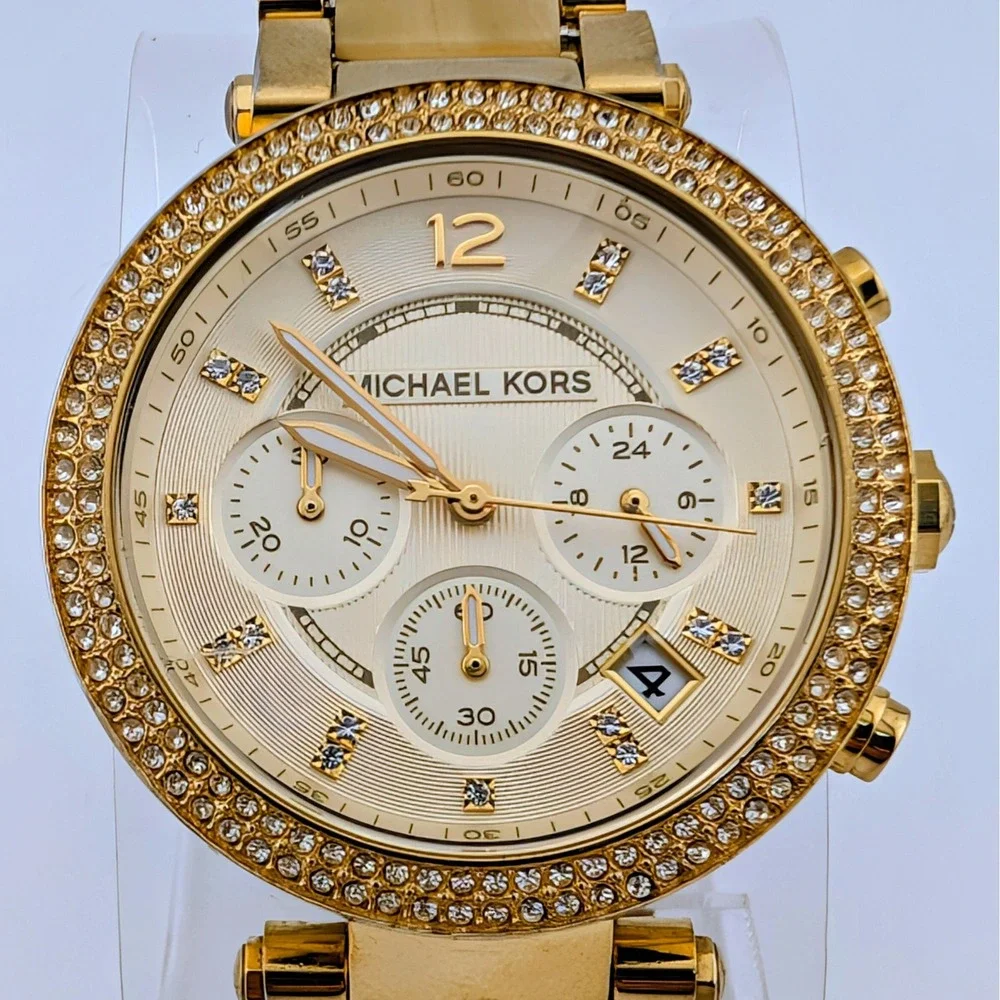 Michael Kors Parker MK5632 Gold Tone Crystal Bezel Horn Acetate Chrono Watch